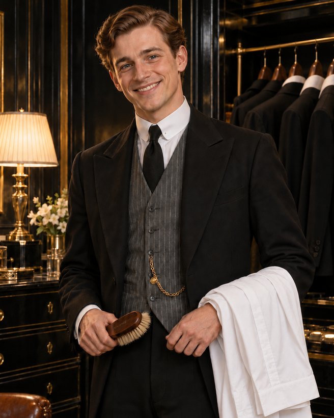 Arthur, the Hartleys' youngest son and the valet, smiling, with a clothes brush and a folded dress shirt