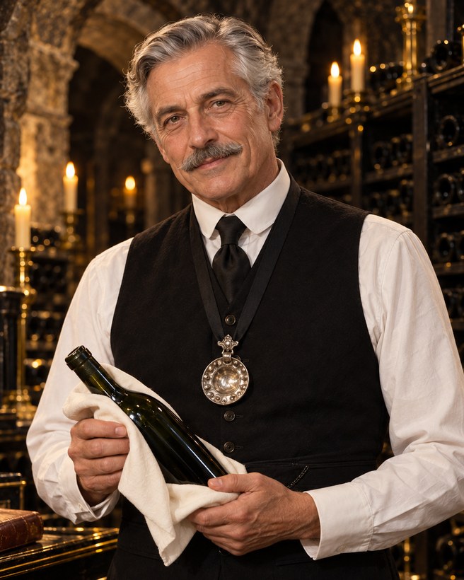 Monsieur Beaumont, a silver-haired French sommelier with a silver tastevin on a ribbon, cradling a bottle in a candlelit stone cellar