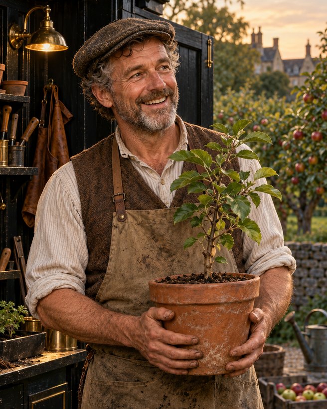 Mr Birch, a smiling gardener in a flat cap, holding a potted apple sapling