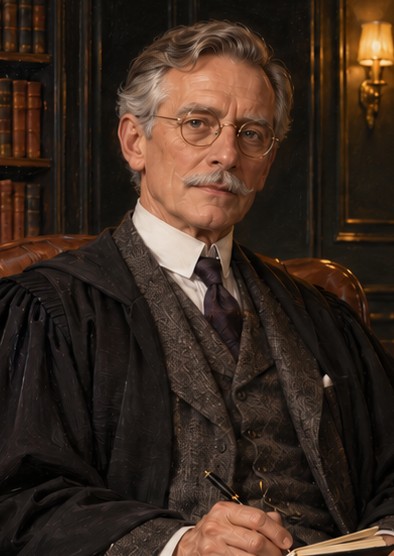 Claude, an Oxford professor in spectacles and an academic gown