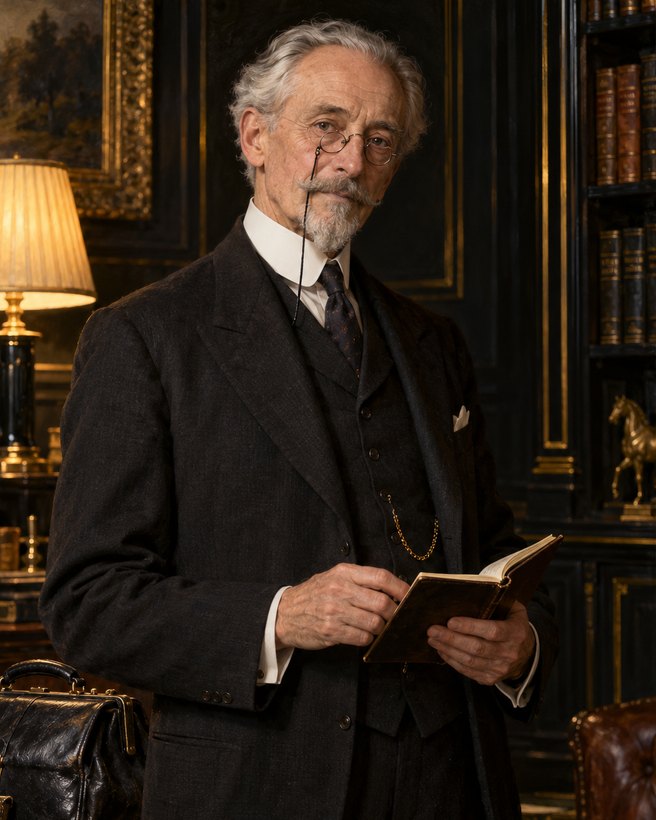Dr Hale, a silver-bearded physician in pince-nez, holding a notebook