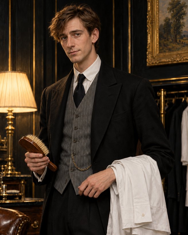Mr Fenwick, a lanky young valet in a striped waistcoat, holding a clothes brush