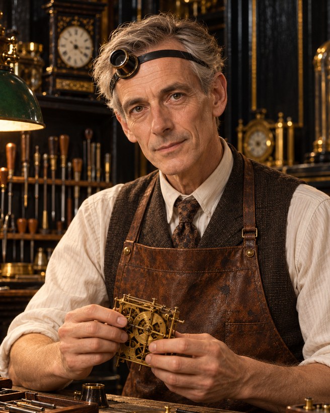 Mr Fettle, a clockmaker in a leather apron with a jeweller's loupe pushed up on his forehead, holding a small brass clock movement