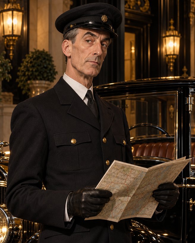 Mr Hale, a tall chauffeur in peaked cap and gloves, holding a road map
