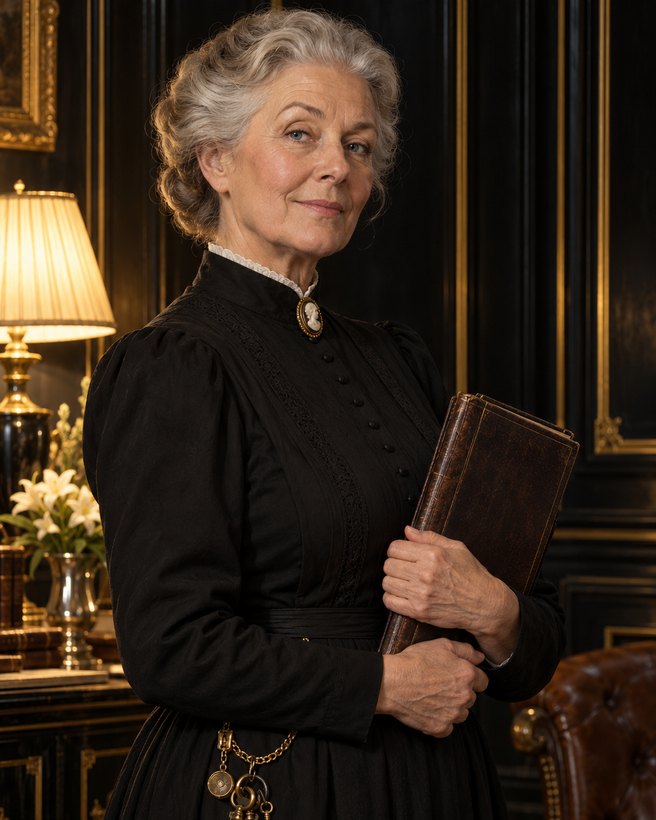 Mrs Hartley, a silver-haired housekeeper in a high-collared black dress, holding a ledger