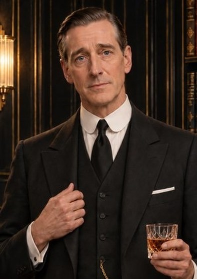 Steward, a tall, slim gentleman's gentleman with slicked-back dark hair, holding a small silver salver with a glass of sherry