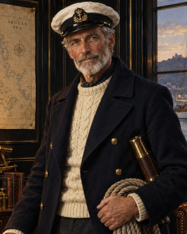 Captain Wren, a silver-bearded skipper in a reefer jacket, holding rope and a spyglass